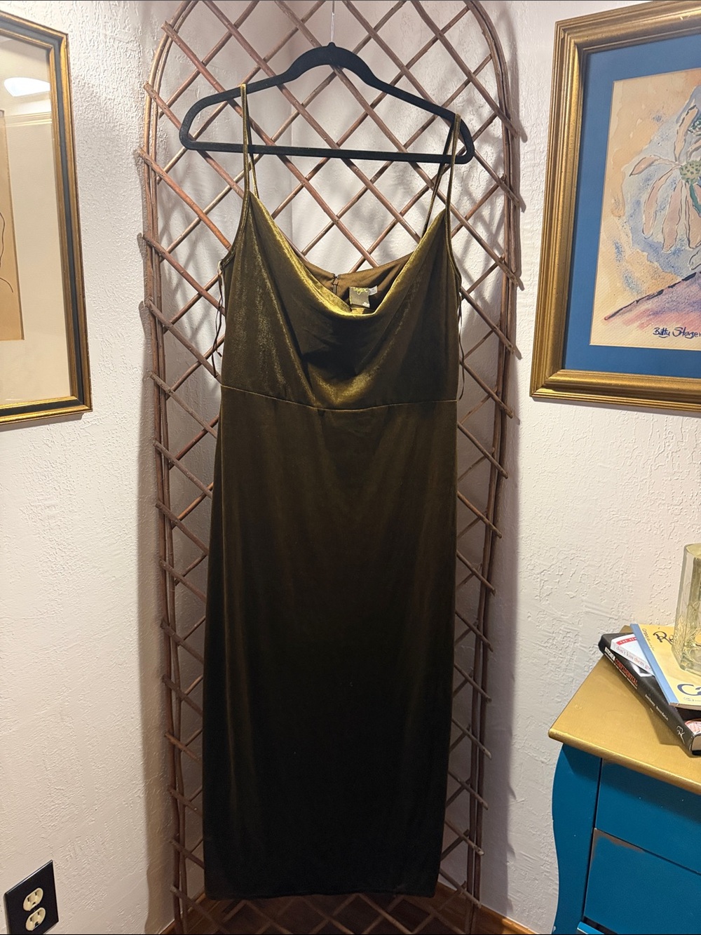 Taylor Olive Green Velvet Asymmetrical Slip Dress